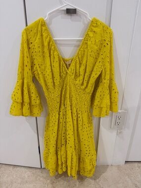 Smocked V-Neck Eyelet Mini Dress in Yellow